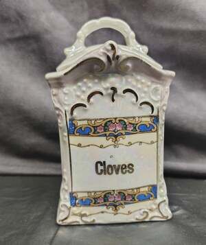 ANTIQUE GERMAN LUSTREWARE CLOVES SPICE JAR GOLD TRIM OPALESCENT PORCELAIN